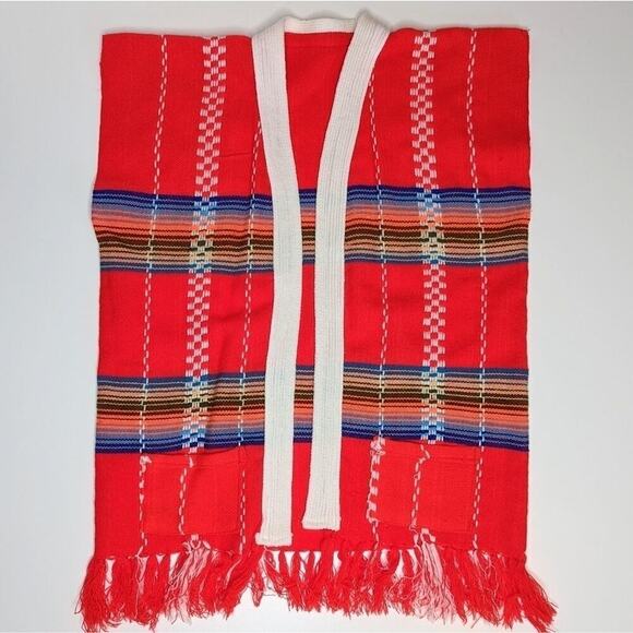 Vintage red striped knit blanket sweater vest fringe size Medium - Picture 2 of 4